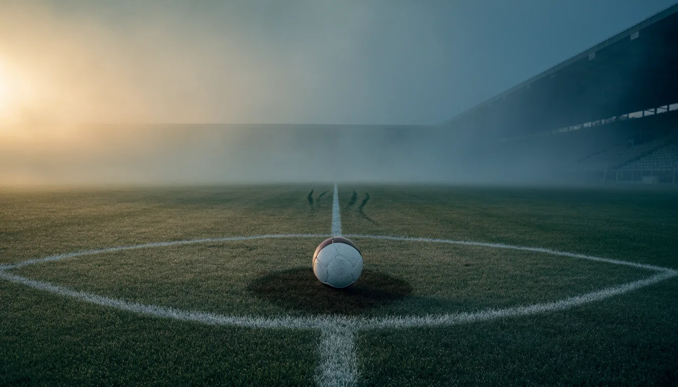 Ein einzelner Fussball liegt auf dem Anstosspunkt eines leeren Rasenplatzes am frühen Morgen, Tau glitzert auf dem Gras, die Tribüne liegt im Dunst.