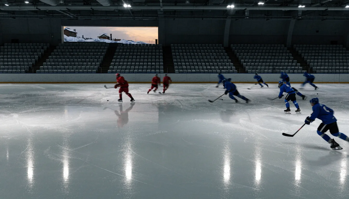 Eine Eishalle von Weitem unter Flutlicht, die leere Eisfläche glänzt, auf den Rängen sitzt niemand, draussen liegt Schnee.