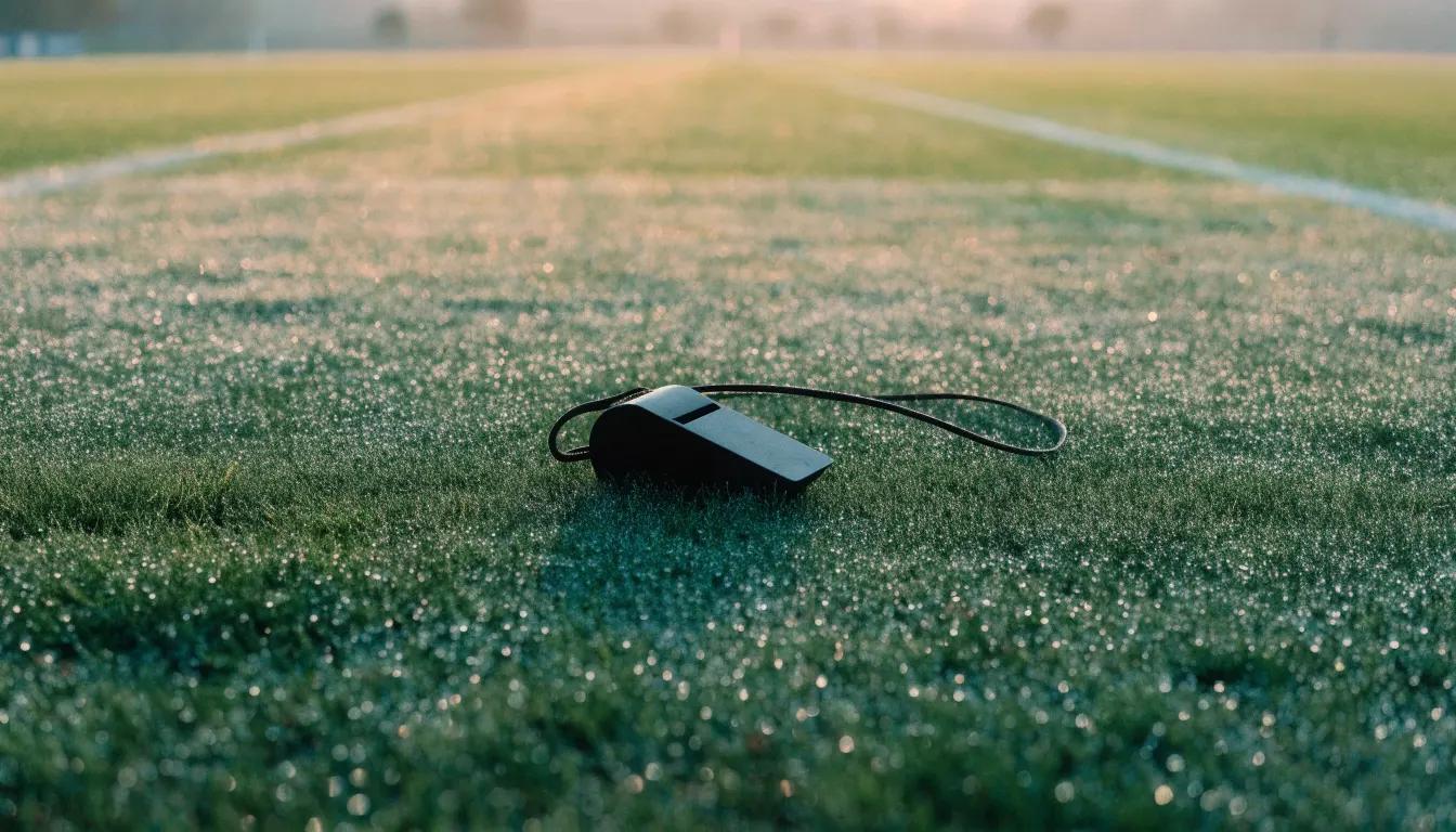 Eine Trillerpfeife liegt auf dem Rasen neben der Mittellinie, Tau hängt an den Halmen, im Hintergrund ein leerer Spielfeldrand.