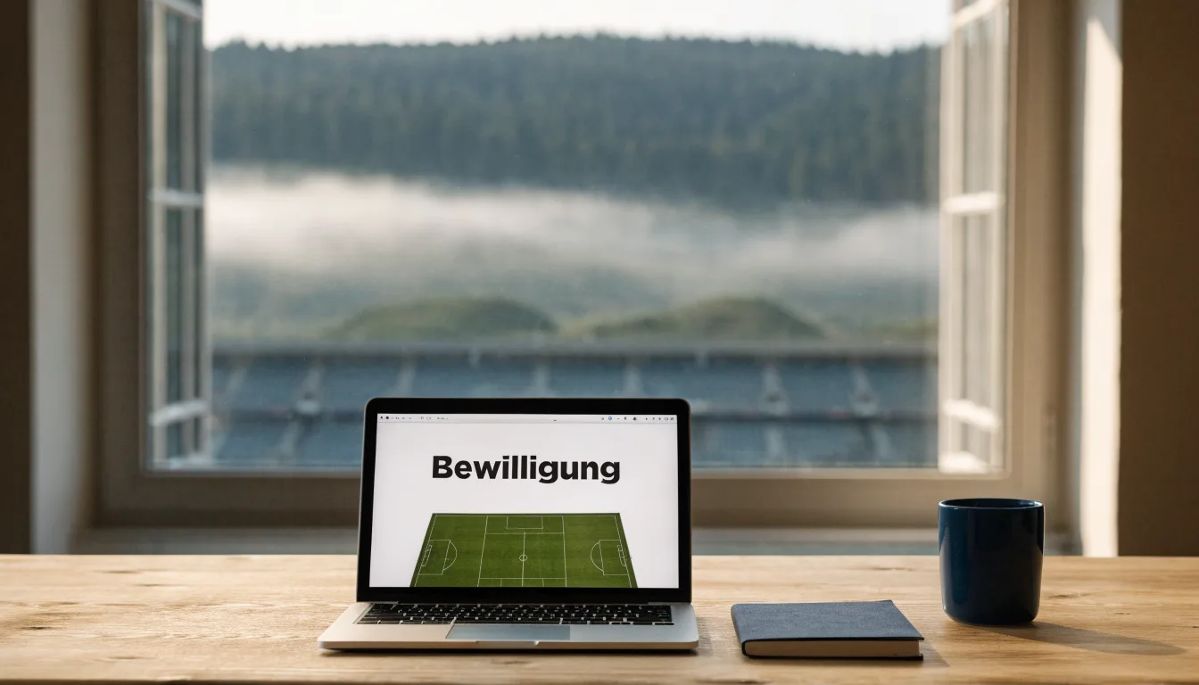 Ein leeres Stadion im Morgenlicht mit Blick auf die Sitzreihen, im Hintergrund Hügel und aufsteigender Nebel.