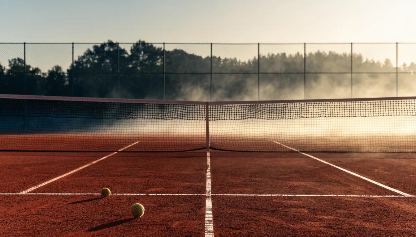 Ein Tennisplatz bei Sonnenaufgang, die Linien frisch gezogen, das Netz in der Mitte und Nebel über dem Boden.