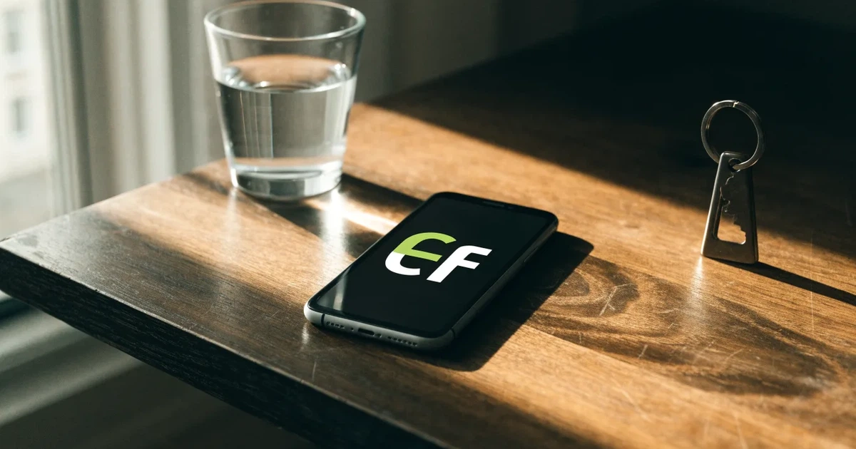 Ein Smartphone mit schwarzem Display liegt auf einem Holztisch neben einem Glas Wasser und einem Schlüsselbund.