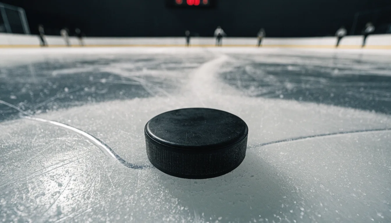 Ein Eishockeypuck liegt auf dem Eis, im Hintergrund unscharf die Bande unter hellem Hallenlicht.