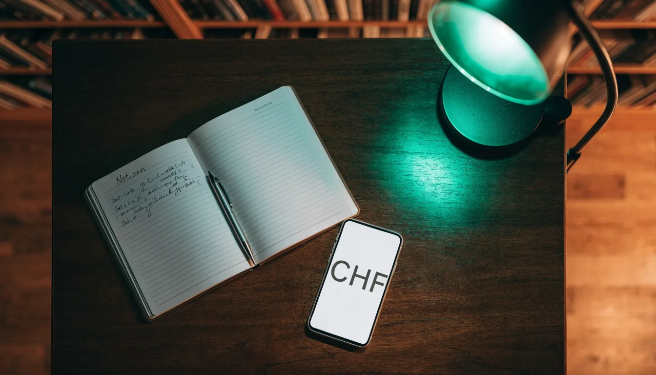 Eine Bibliothek mit hohen Holzregalen voller Bücher, im Vordergrund ein Lesetisch mit grüner Lampe.