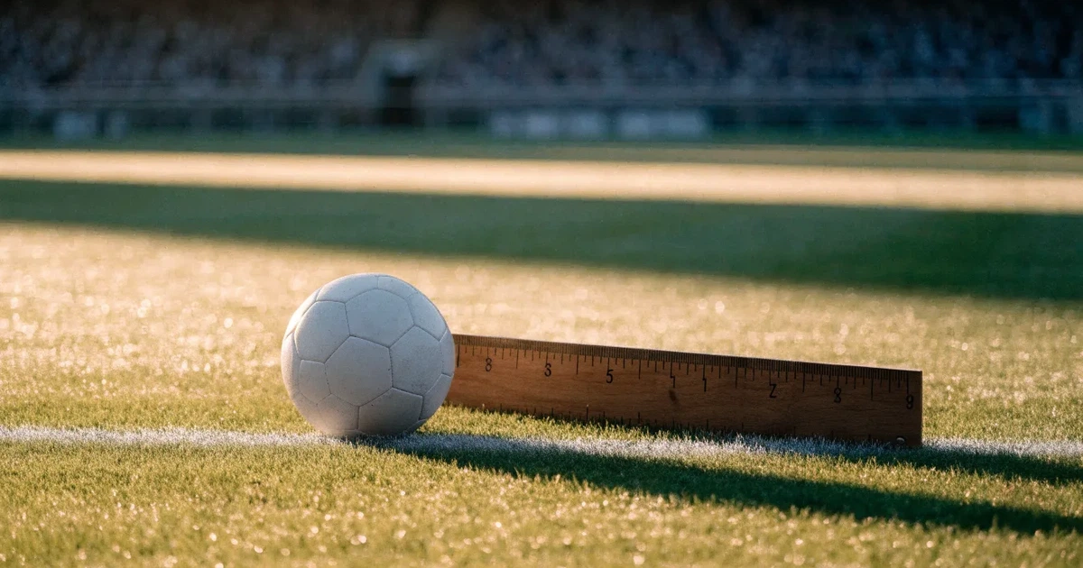 Ein Fussball und ein Massband liegen auf kurz geschnittenem Rasen neben einer Kreidelinie, Morgenlicht von der Seite.