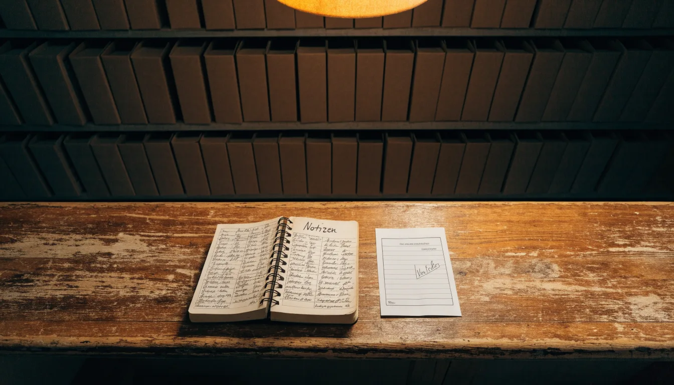 Ein alter Holztresen mit einem Notizbuch und einem Taschenrechner in warmem Lampenlicht, Regale im Hintergrund.