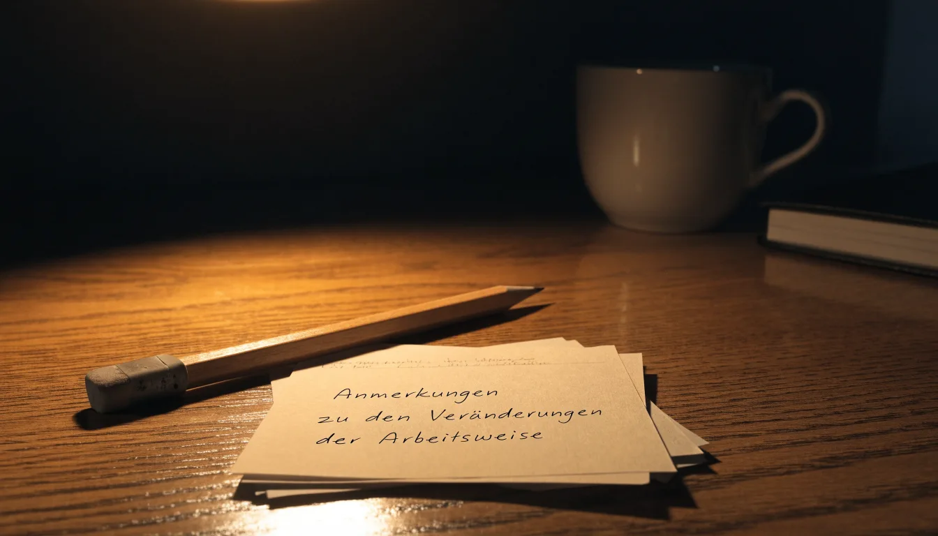 Ein Bleistift und ein Radiergummi liegen auf einem kleinen Stapel Notizzettel, gelbes Licht einer Schreibtischlampe.