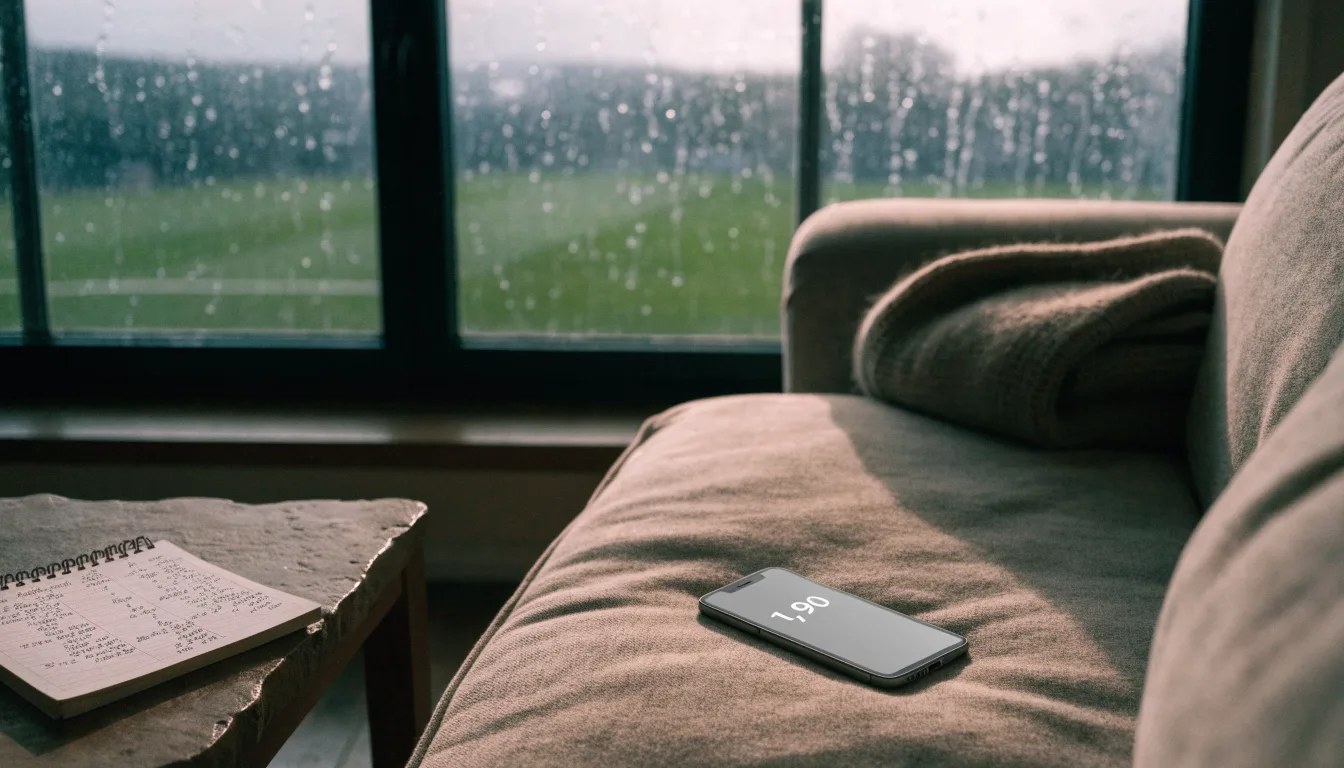 Ein Sofa mit Wolldecke steht vor einem grossen Fenster, draussen Regen und in der Ferne ein Fussballplatz.