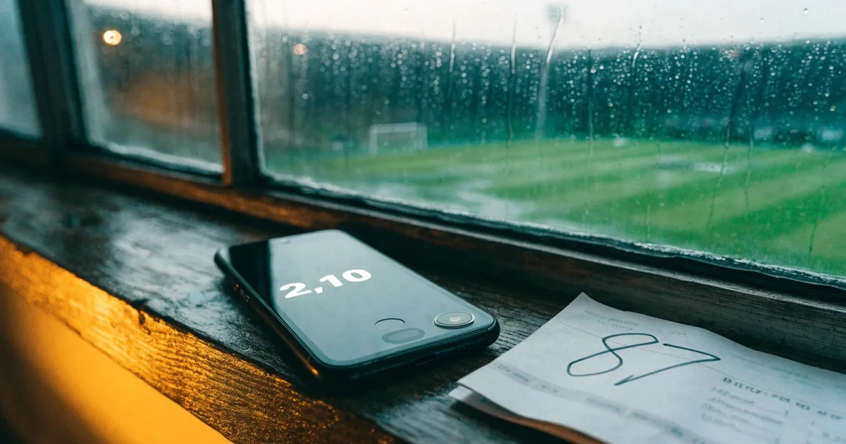 Ein Wetterbarometer hängt an einer Holzwand neben einem Fenster, draussen liegt ein nasser Fussballplatz im Regen.