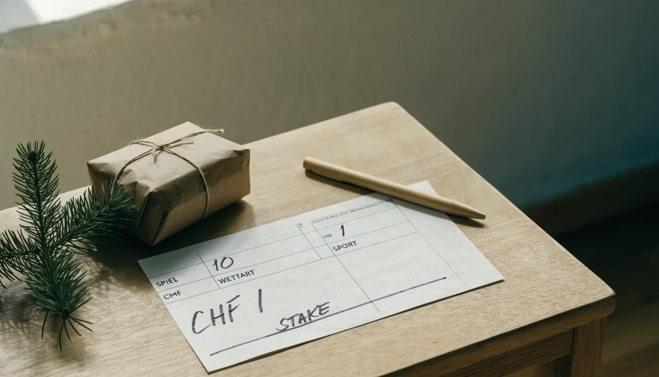Ein kleines Päckchen in Packpapier mit Schnur liegt auf einem Holztisch, daneben ein Tannenzweig.