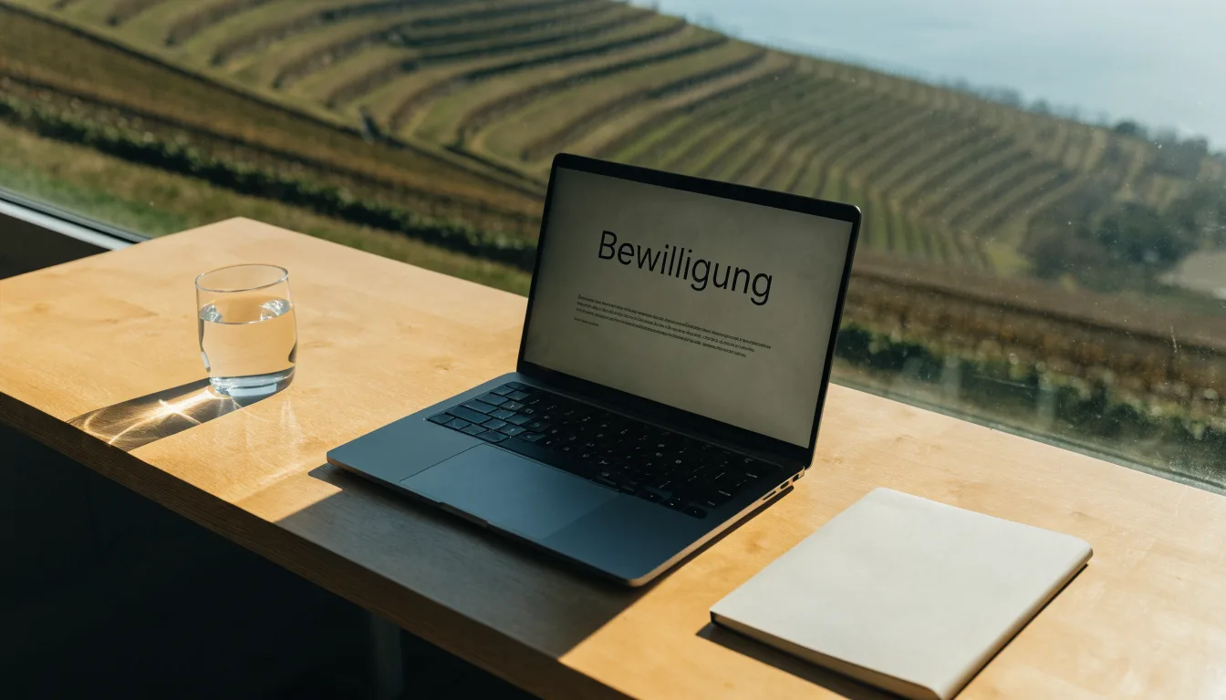 Eine Mauer aus Natursteinen am Wegrand, dahinter Weinberge, die zu einem See hinabführen.