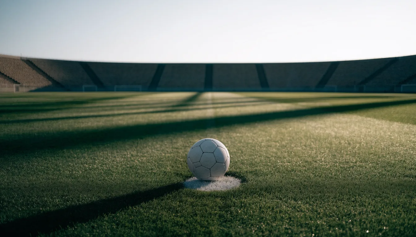 Ein Fussball liegt auf dem Anstosspunkt eines leeren Rasenplatzes im frühen Morgenlicht, dahinter erhebt sich eine menschenleere Tribüne.