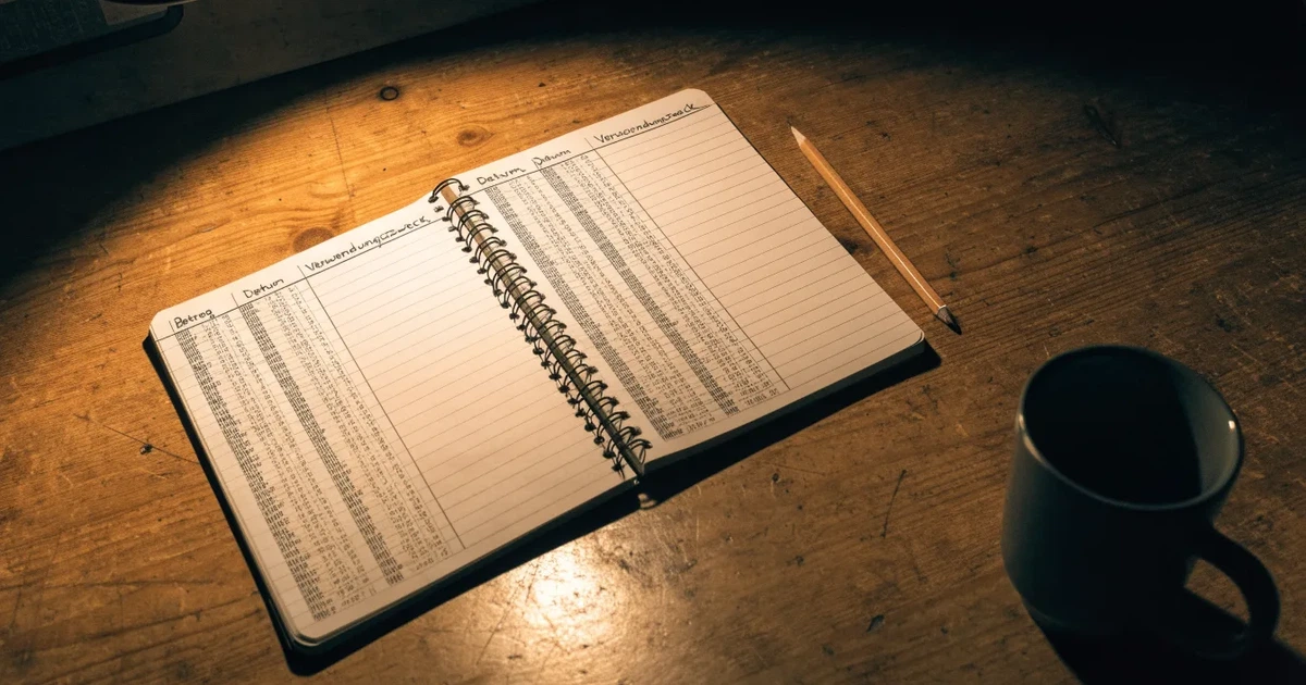 Ein aufgeschlagenes Notizbuch mit handschriftlichen Strichlisten und Spalten liegt neben einem Bleistift auf einem Holztisch im warmen Licht einer Schreibtischlampe.