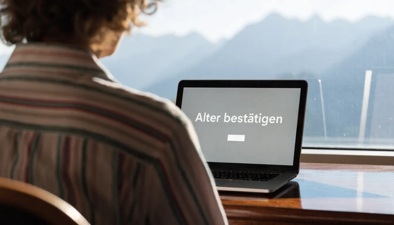 Eine Waage aus Messing steht auf einem polierten Schreibtisch in einem hellen Büro, durch das Fenster sind ferne Berge zu sehen.