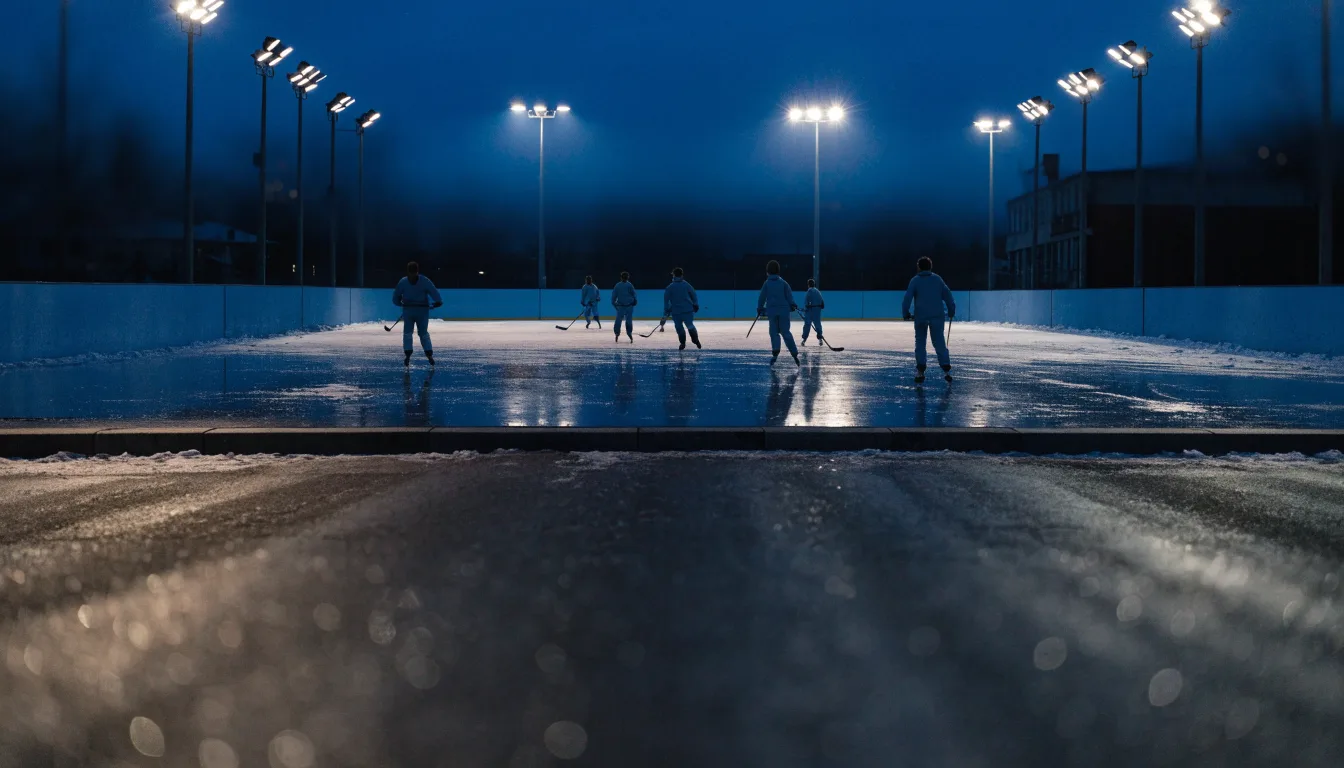 Ein grosses Eisstadion aus der Ferne gesehen, hell erleuchtet von Flutlicht in der Abenddämmerung, davor eine leere Strasse.