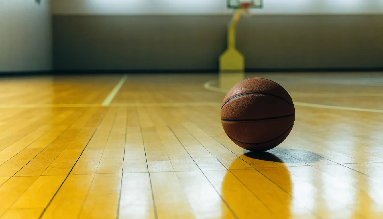 Ein Basketball liegt auf dem Parkett einer leeren Halle, von den Deckenlampen fällt gleichmässiges Licht auf den Boden.