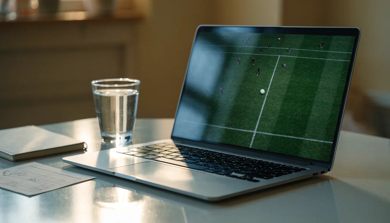 Ein geschlossener Laptop steht neben einem Glas Wasser auf einem Küchentisch im Licht des frühen Morgens.