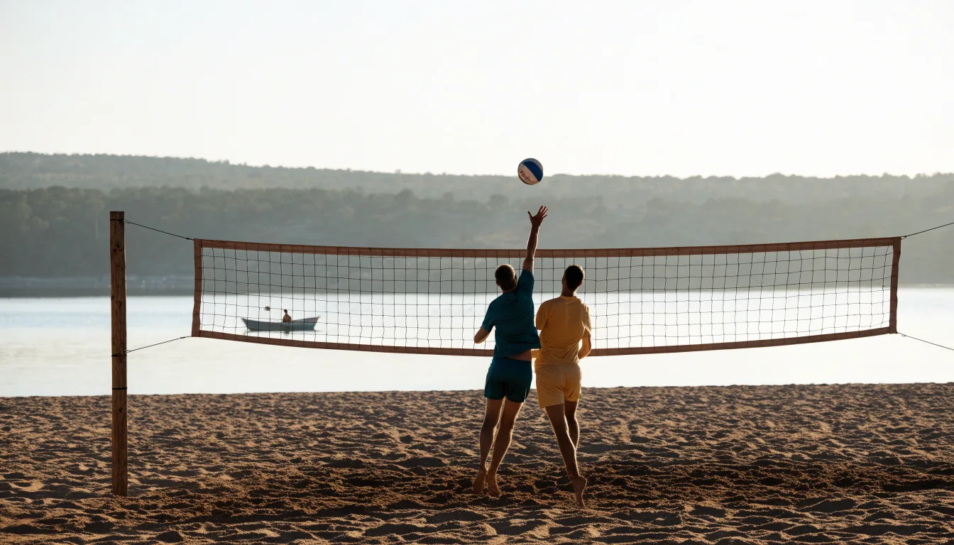Ein Volleyball liegt im Sand eines Spielfelds am Seeufer, im Hintergrund gleitet ein Boot über das Wasser.