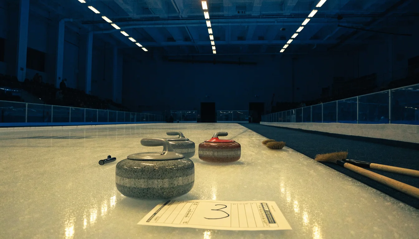 Mehrere Curlingsteine liegen auf einer glatten Eisfläche in einer leeren Halle, Deckenlicht spiegelt sich im Eis.