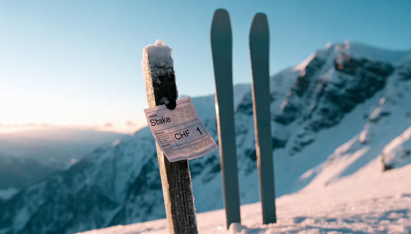 Ein Paar Ski steckt aufrecht im Schnee vor einer Berghütte, im Hintergrund färbt der Sonnenaufgang die Gipfel.