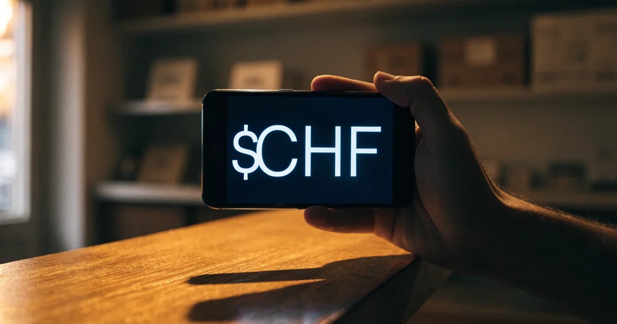 Eine Hand hält ein Smartphone mit dunklem Display knapp über eine hölzerne Ladentheke in einem kleinen Geschäft.