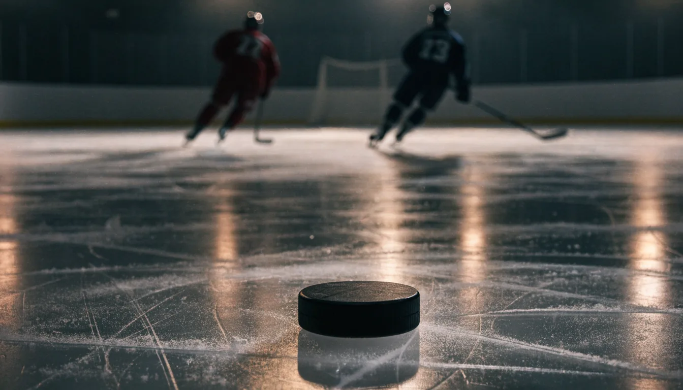 Ein Eishockeypuck liegt in Grossaufnahme auf der Eisfläche, feine Kratzer im Eis glänzen im hellen Hallenlicht.