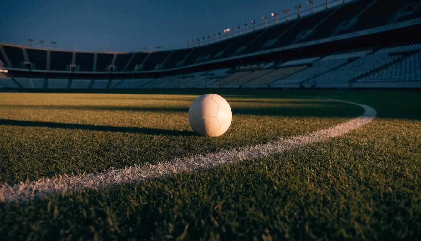 Ein Fussball liegt auf dem Mittelkreis eines leeren Rasenplatzes, dahinter ragen leere Tribünenreihen in den Abendhimmel.