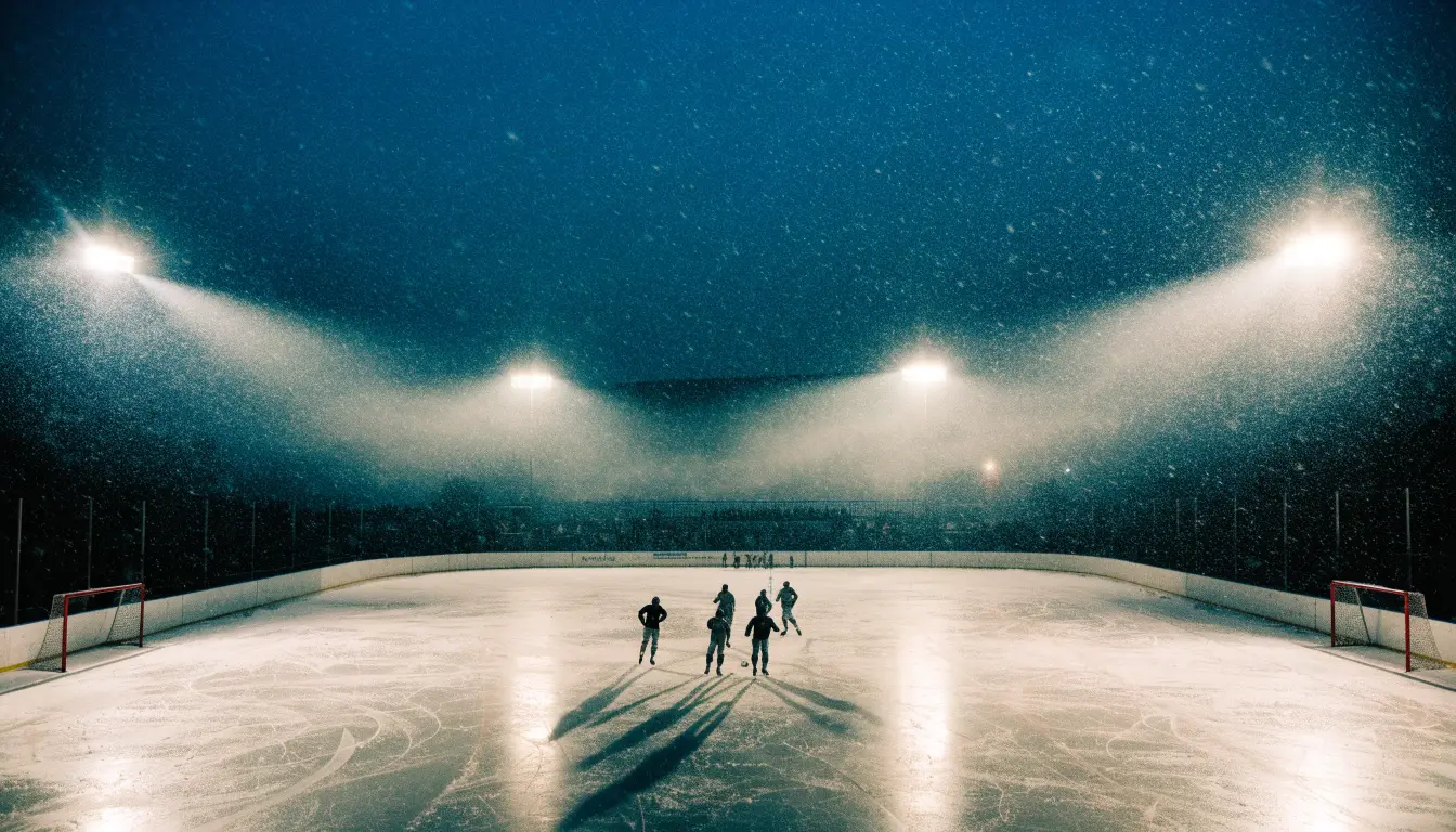 Eine Eishockeybahn liegt unter Flutlicht aus der Ferne betrachtet, leichter Schneefall treibt durch den Lichtkegel über dem Eis.