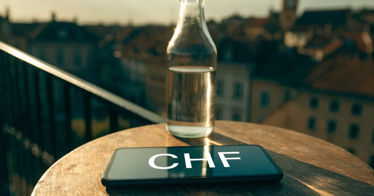 Ein Smartphone mit dunklem Display lehnt an einer Glasflasche auf einem Balkontisch, dahinter liegt eine Altstadt in der Abendsonne.