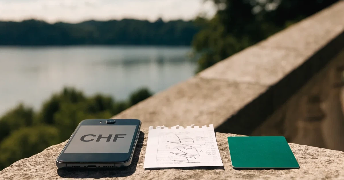 Eine Lederbörse und ein Schlüsselbund liegen auf der Steinbrüstung einer Seepromenade, dahinter glitzert der See im späten Nachmittagslicht.