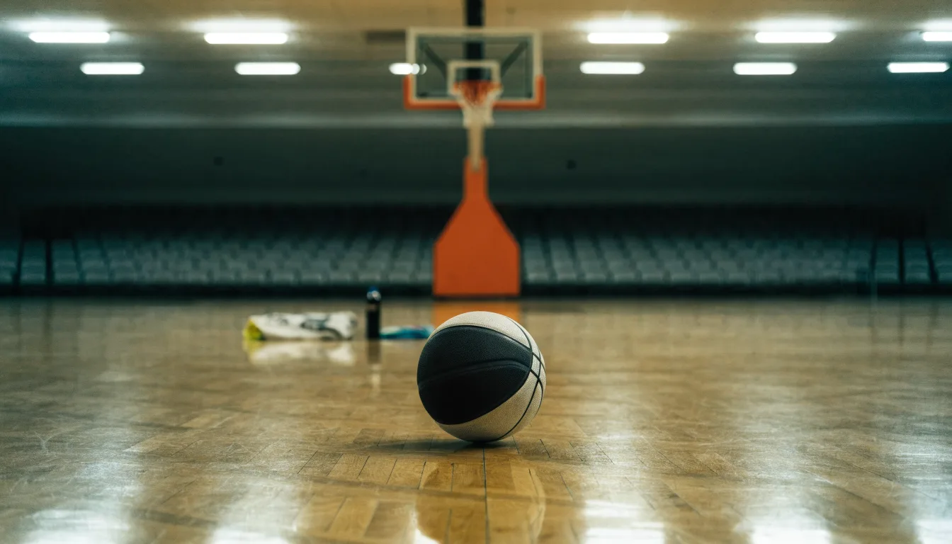 Ein Basketballkorb hängt in einer leeren Halle über einem Holzparkett, von der Decke fällt gleichmässiges Licht auf den Boden.