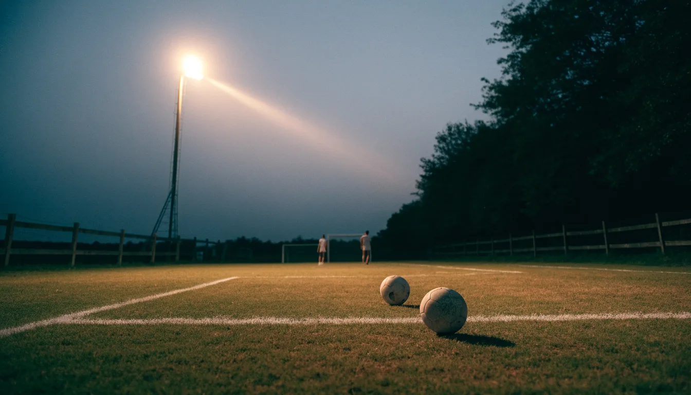 Ein kleiner Dorf-Fussballplatz liegt in der Dämmerung unter einem hohen Flutlichtmast, am Spielfeldrand steht ein Holzzaun.