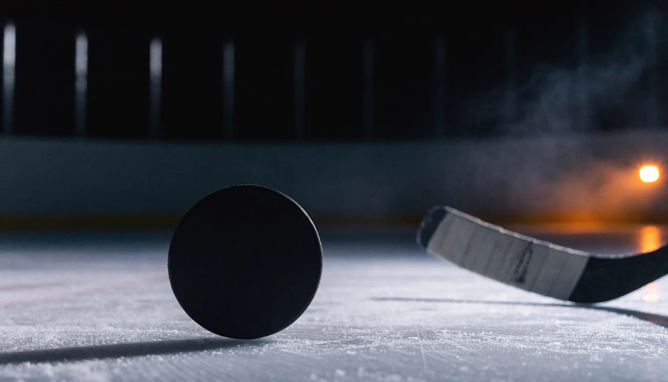 Ein Eishockeypuck liegt auf der Eisfläche neben dem Blatt eines Schlägers, die Bande dahinter ist im Dunkeln nur schwach zu erkennen.