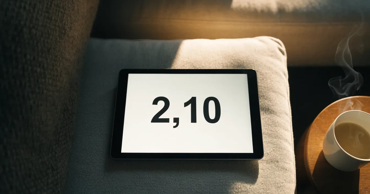 Ein Tablet mit schwarzem Display liegt auf einem Sofakissen, daneben ein Becher mit Tee, vom Fenster her fällt Abendlicht.