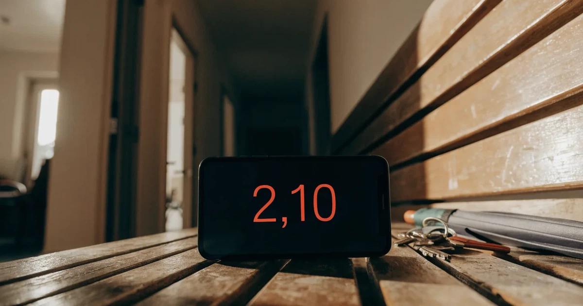 Ein Schlüsselbund und ein Smartphone mit dunklem Display liegen auf einer Holzbank in einem Hauseingang, daneben ein Regenschirm.