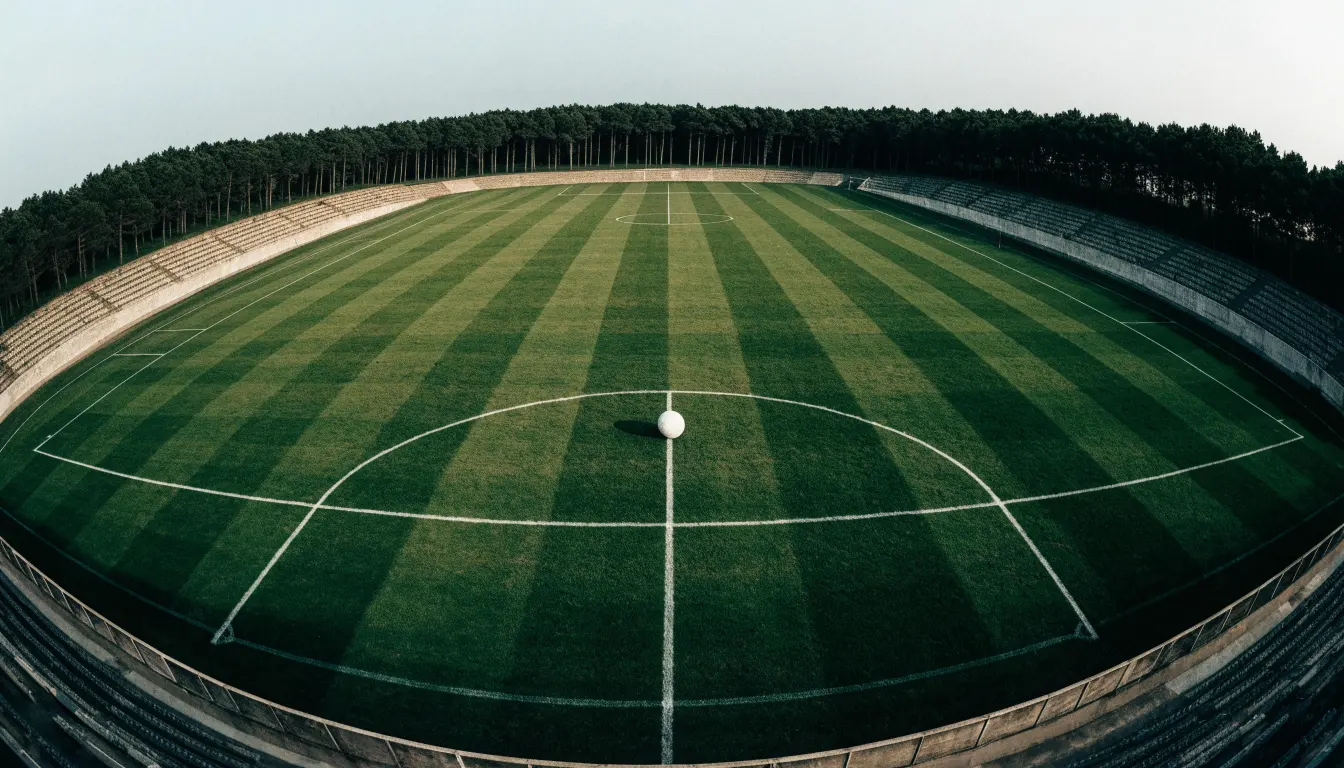 Ein Rasenplatz mit Spielfeldlinien ist von oben gesehen, ein einzelner Ball liegt in der Mitte, rundherum stehen leere Tribünen und Tannenwald.