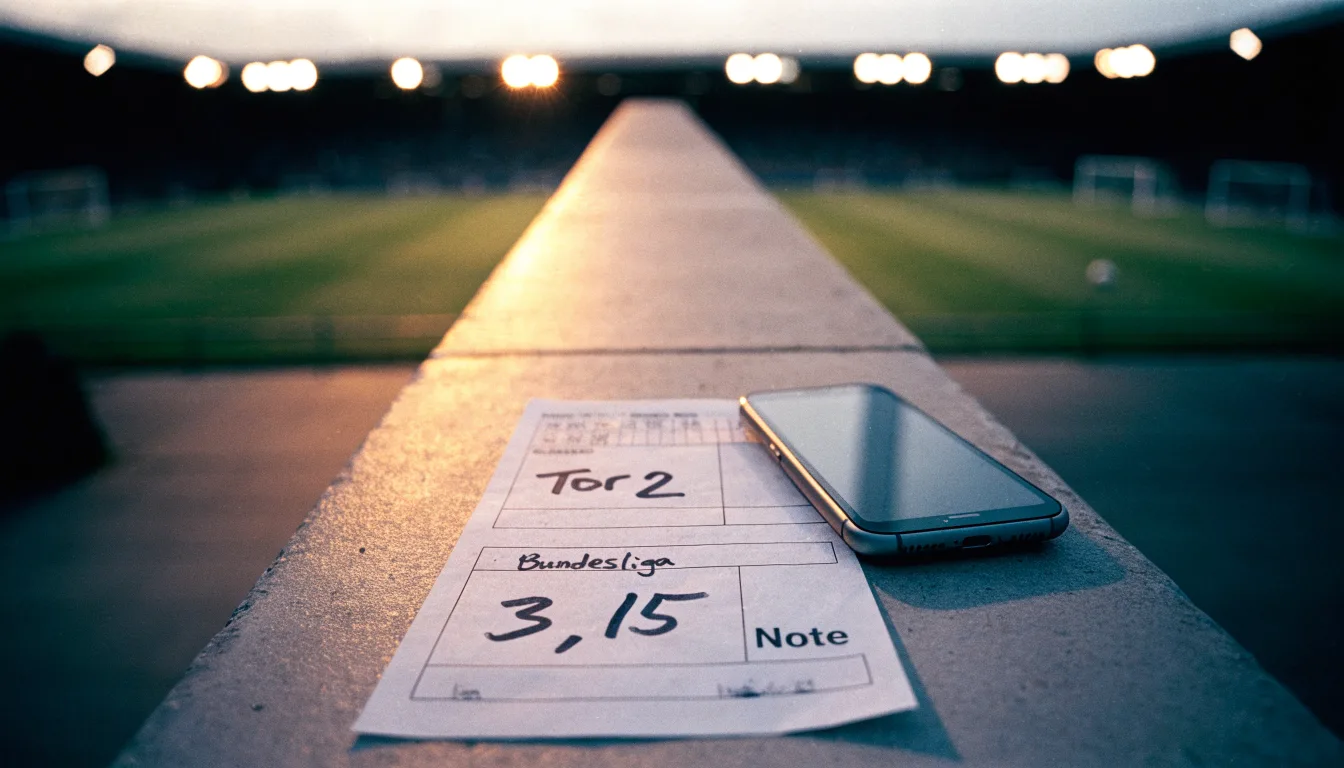 Leere Tribünenränge eines Fussballstadions in der Abenddämmerung, über dem Rasen leuchten die Flutlichter.
