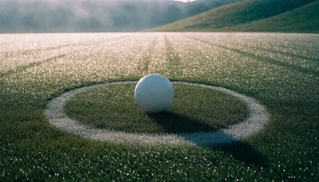 Ein Fussball liegt am frühen Morgen auf dem Anstosspunkt eines taunassen Rasens, im Hintergrund erheben sich Hügel im Dunst.