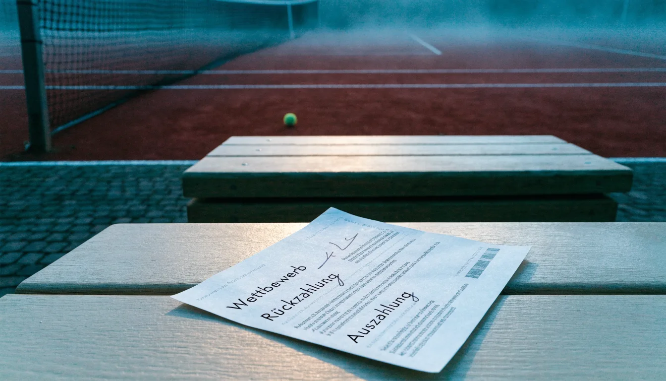 Ein Tennisplatz im Morgengrauen mit gespanntem Netz und feinem Dunst über der roten Asche.