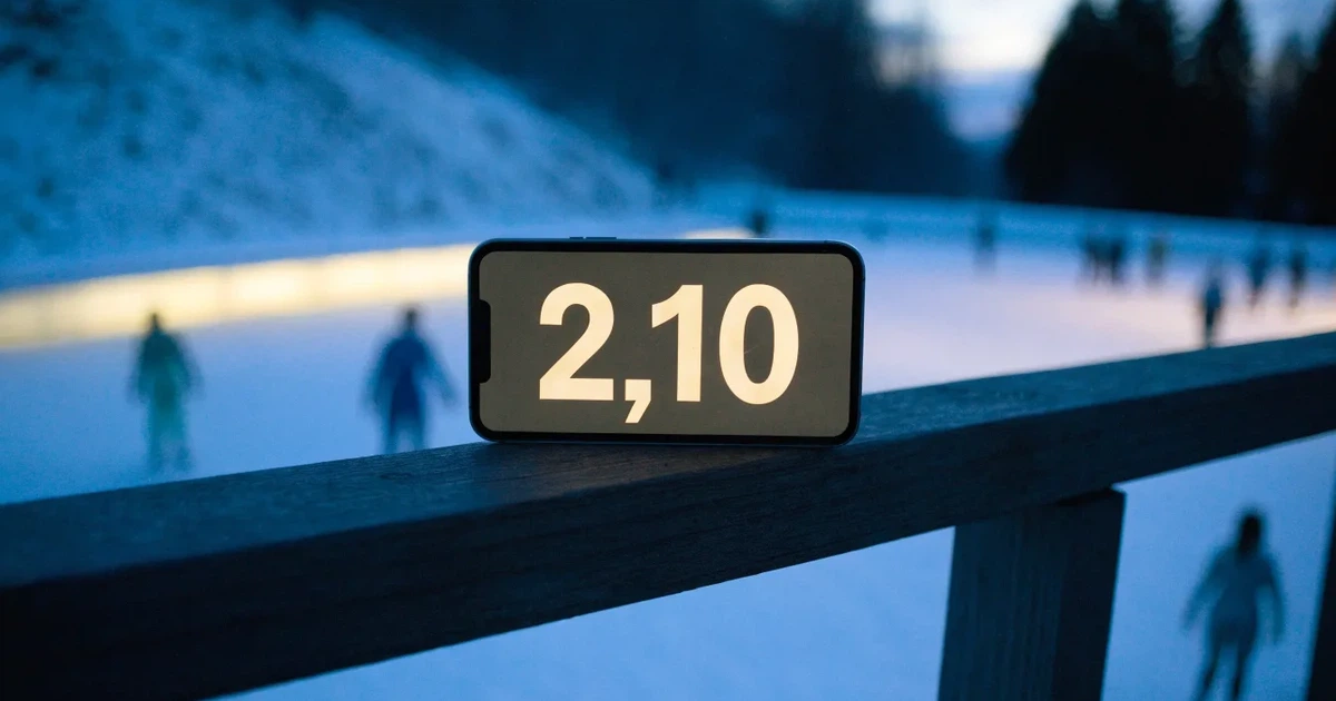 Eine Eisfläche unter Flutlicht in der Winterdämmerung, aus grosser Distanz von einem verschneiten Hang aus gesehen.