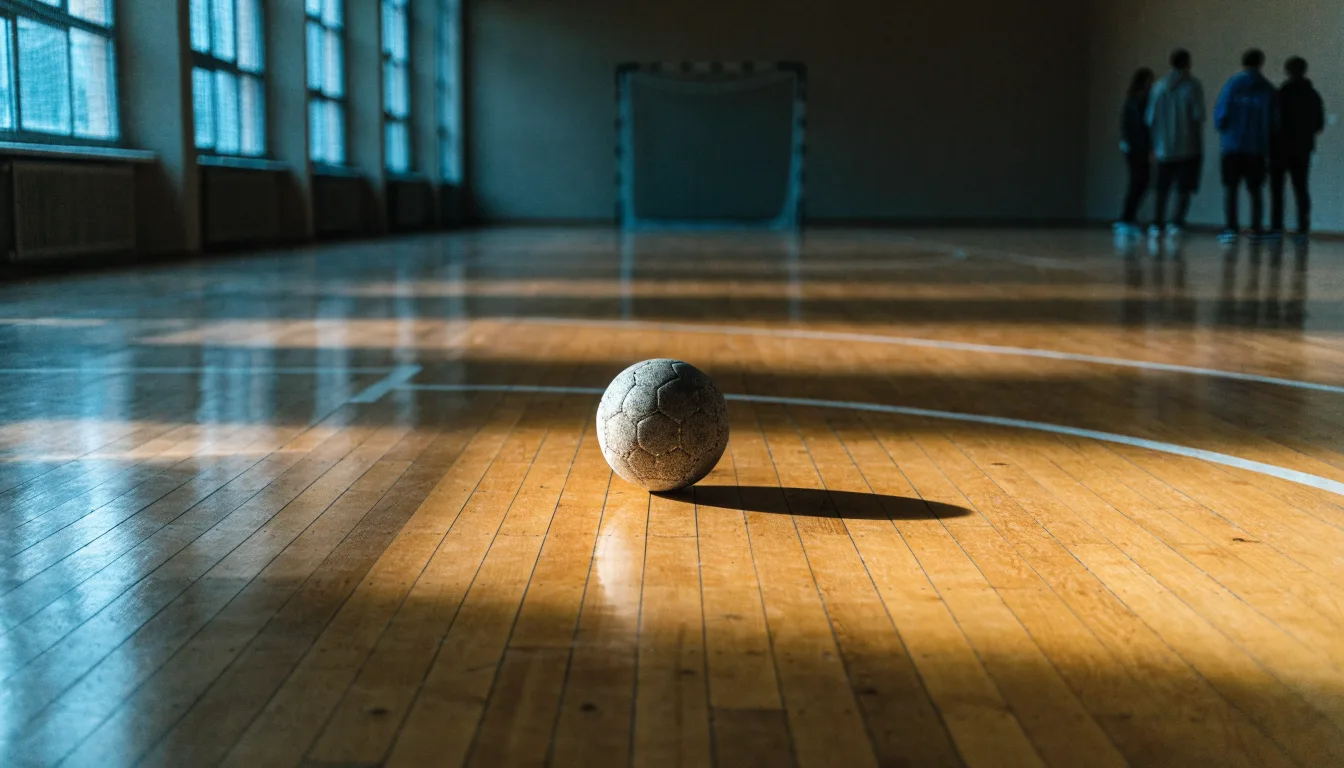 Der Boden einer Sporthalle aus poliertem Parkett mit einem einzelnen Handball in der Mitte, Licht fällt durch hohe Fenster.