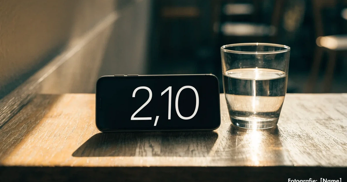 Ein Smartphone liegt mit dem Display nach unten auf einem Holztisch neben einem Wasserglas.