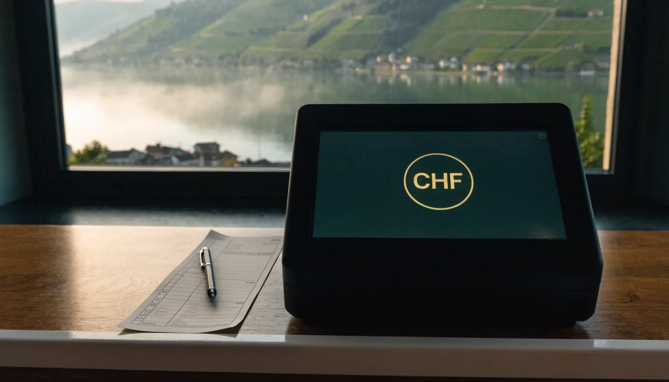 Terrassierte Weinberge über einem See im Morgendunst, am Ufer liegt ein kleines Dorf.