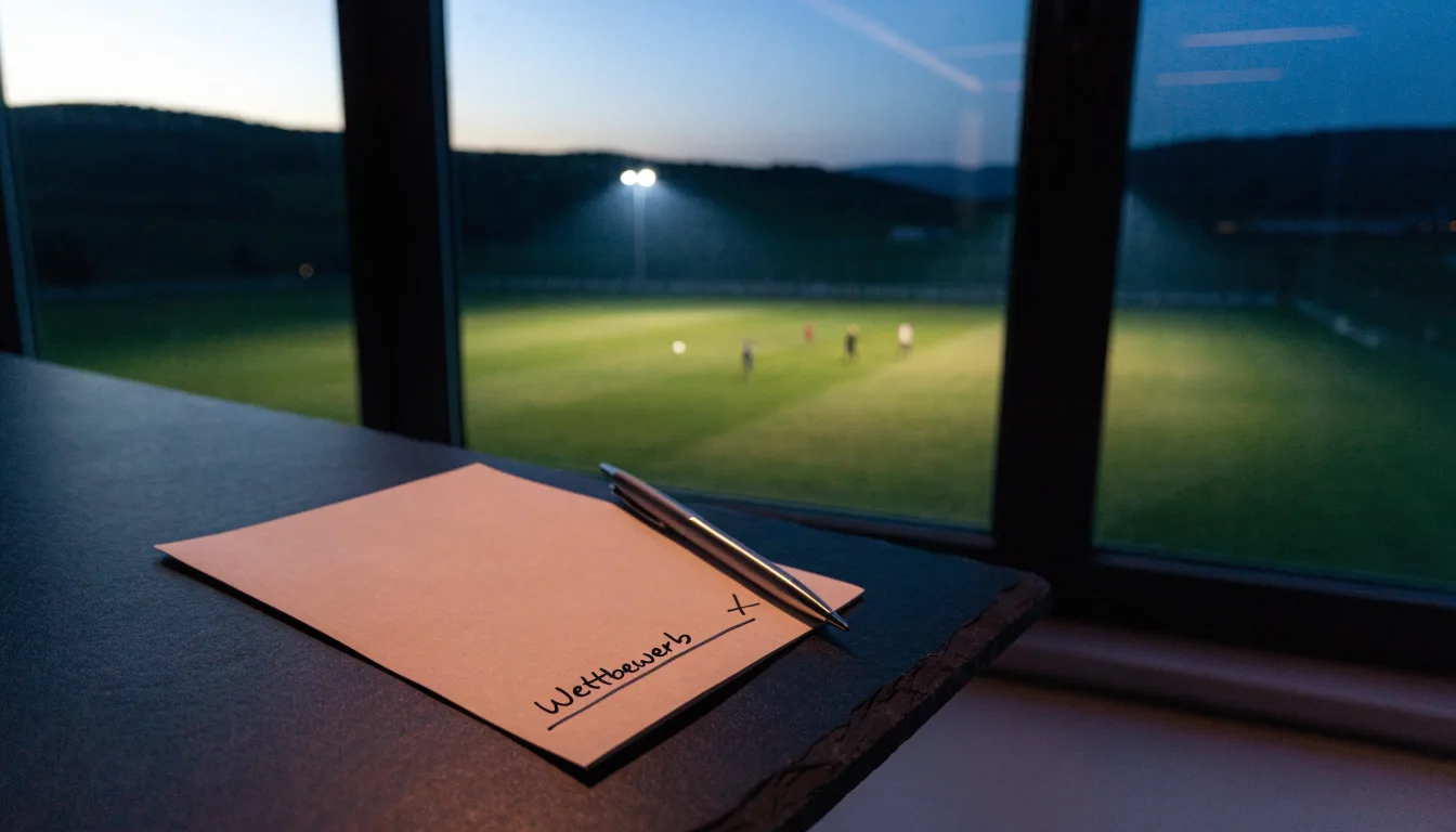 Die Silhouette eines Stadiondachs vor dem violetten Abendhimmel, dahinter eine Hügelkette.
