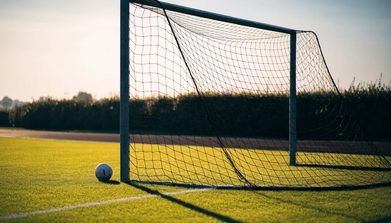 Ein Fussballtor mit locker hängendem Netz auf einem Trainingsplatz, das sich leicht im Wind bewegt.