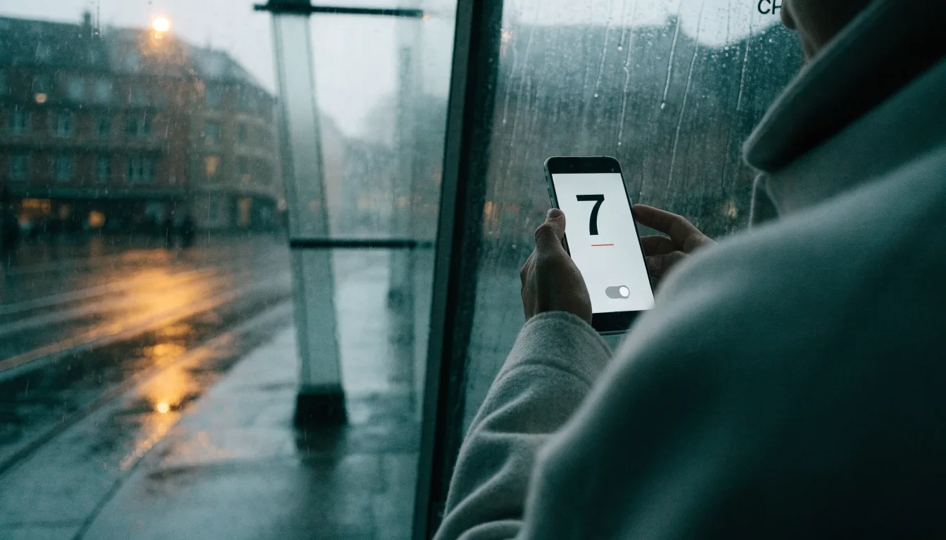 Eine Tramhaltestelle in einer Schweizer Stadt bei Regen, nasses Pflaster spiegelt das Licht.