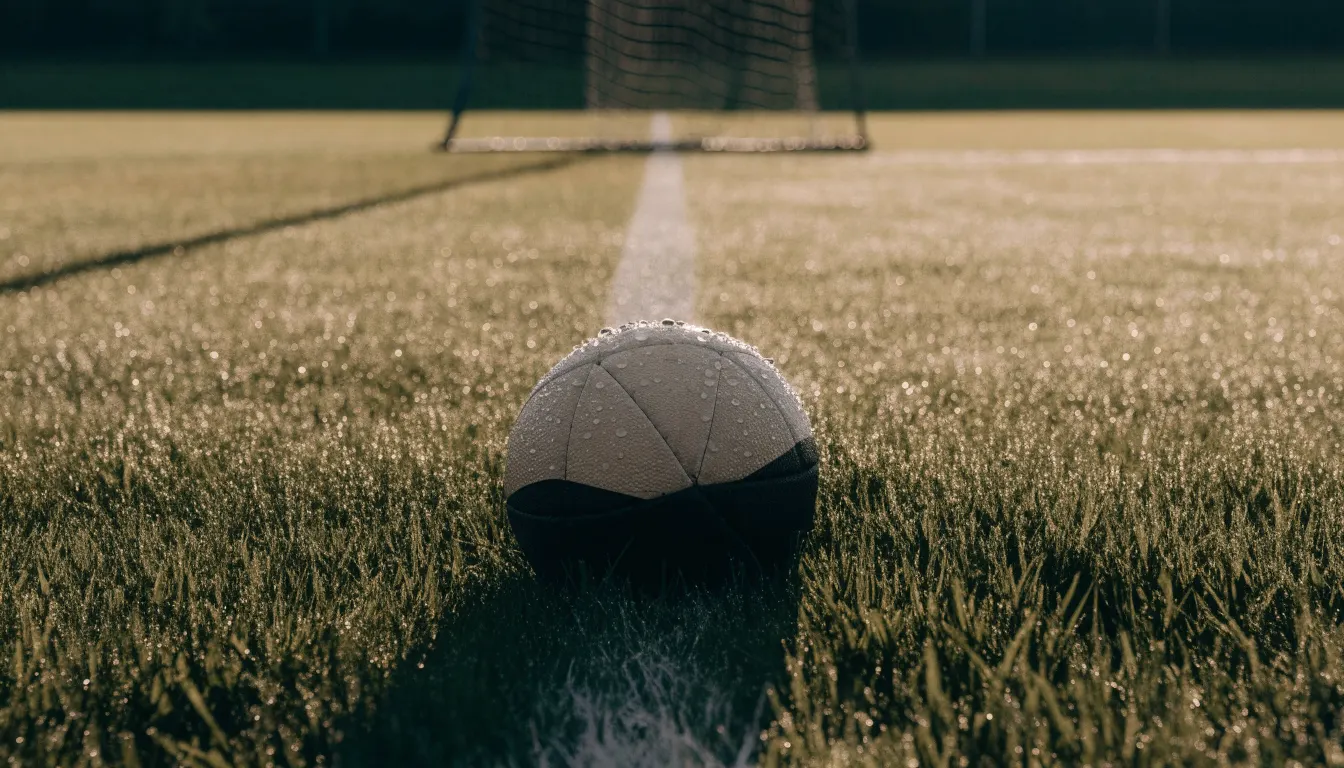 Ein Fussball ruht an der Seitenlinie im taufeuchten Gras, die ersten Sonnenstrahlen fallen schräg über den Platz.
