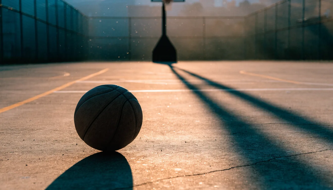 Ein Basketball liegt bei Sonnenuntergang auf einem leeren Aussenplatz, lange Schatten fallen über den Boden.