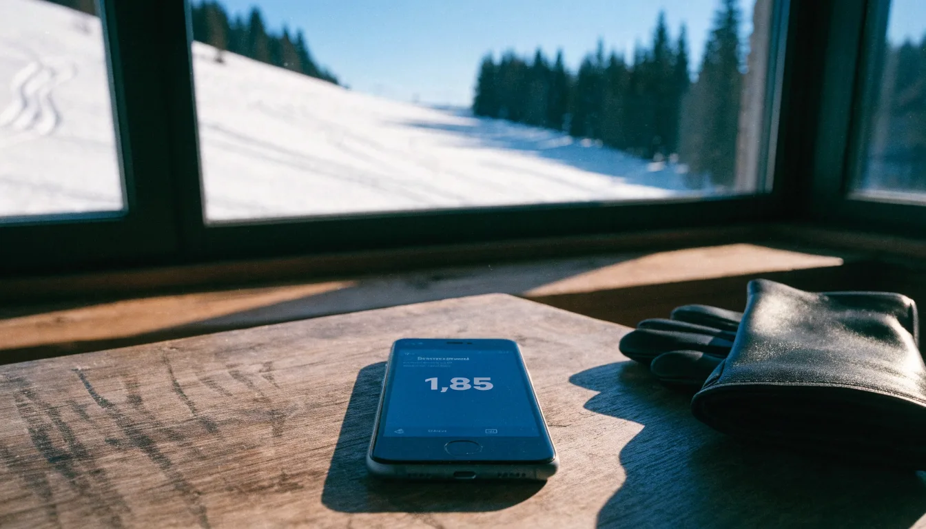 Skispuren im frischen Schnee an einem sonnigen Hang vor blauem Himmel.