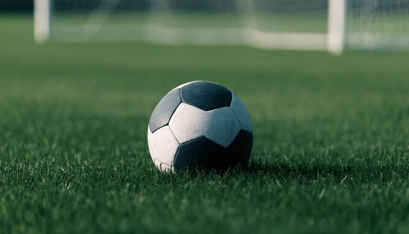Ein Fussball auf dem Rasen aus niedriger Perspektive aufgenommen, die Torpfosten verschwimmen im Hintergrund.